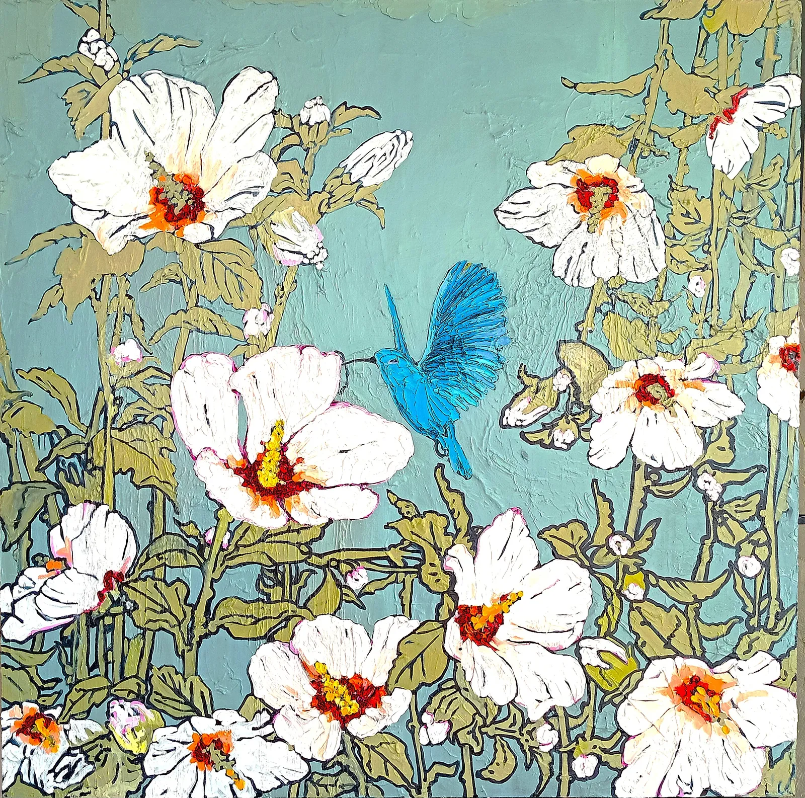 White Hibiscus and Blue Bird by Lee-Ann Ormandy-Becker